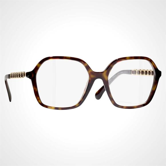 New CHANEL Eyeglasses Brown Tortoise Acetate Leather Arms 53mm Rx-able